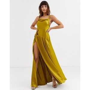 ASOS: Gold Thigh-High Slit. Cowl Strappy Maxi Gown